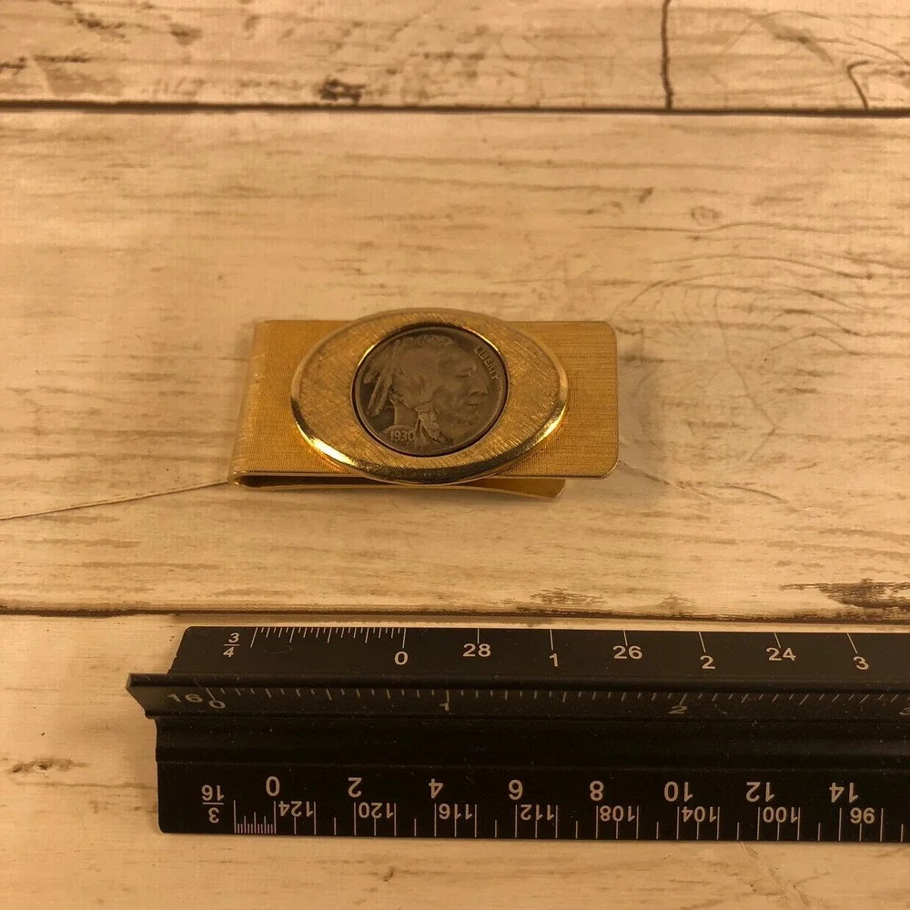 Vintage 1930 Buffalo Nickel Money Clip Gold Tone Textured Western Coin Accessory